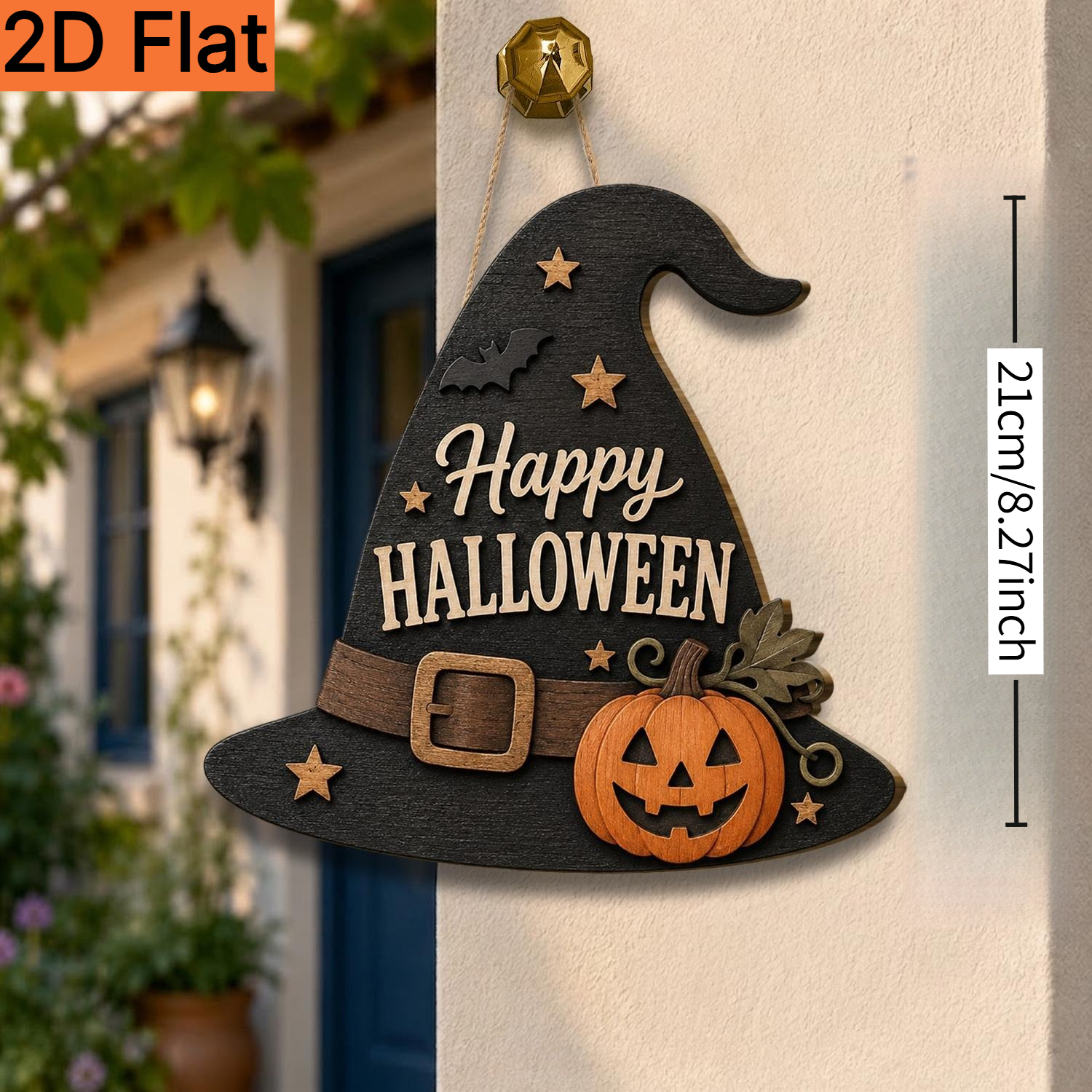 TEMU Plaque de porte en bois 2D plate de chapeau de sorcière, imprimée avec " Halloween" et décorée de citrouilles, chauves-souris et étoiles. Livrée