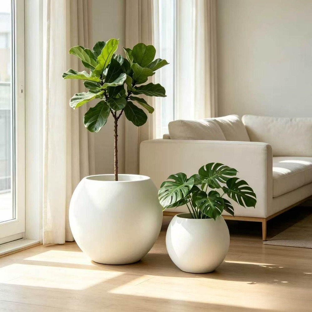 2pcs Set of Light Luxury Matte White Spherical Floor Planters, American Vintage Style for High-End Clubhouse and Villa Interior Soft Decor, Suitable for Indoor and Outdoor Use, Large Potted Plants for Living Rooms/Entryways/Offices