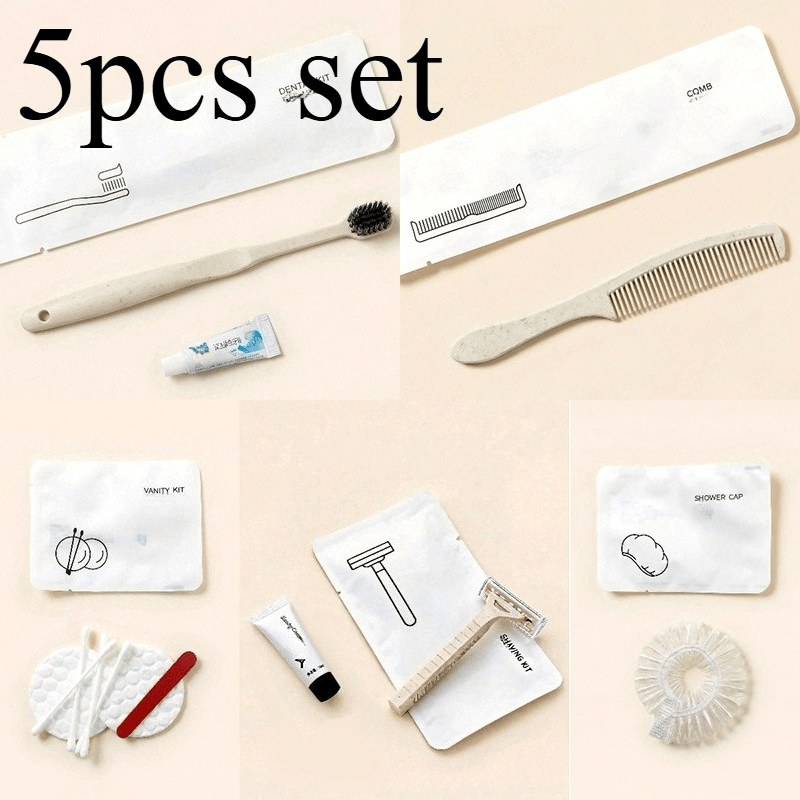 TEMU 1 Set Of 5pcs, Disposable 5pcs Toiletries, Suitable For Hotels, Families, And Travel, With Rounded Corners And Three-sided Sealed Bags