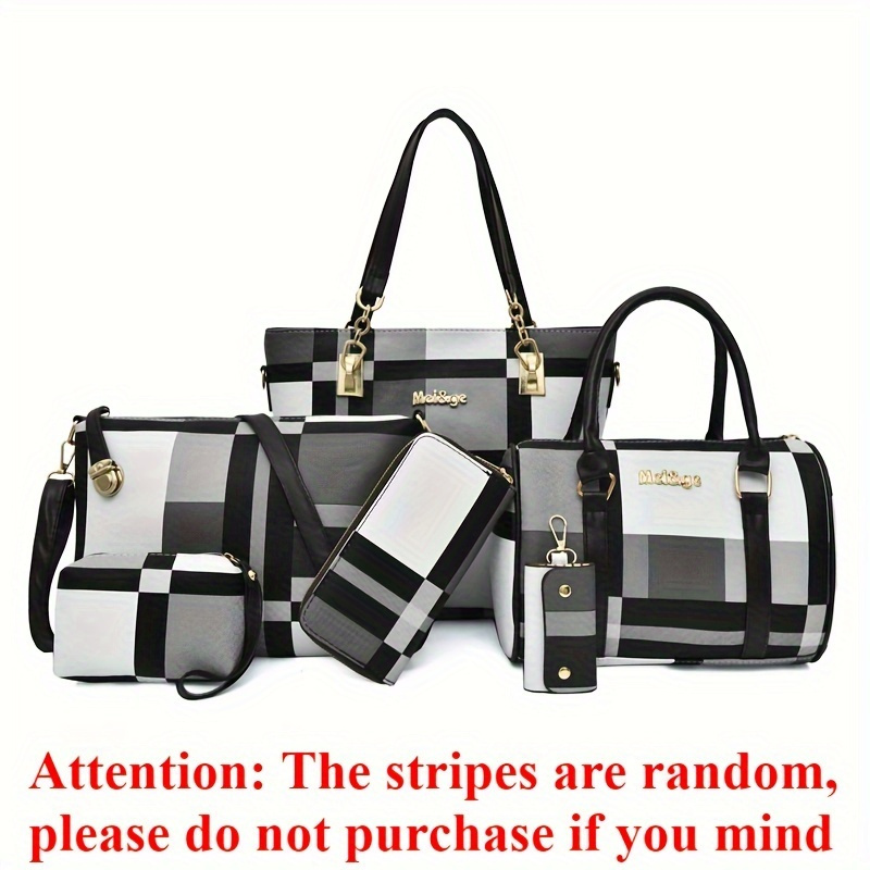 Image of 6pcs Vanaheimr Women', Casual Pattern, The Stripes Are Random, Adjustable Strap, Zipper Closure, Lined, Trendy Contrast Color, Large Capacity Tote & Crossbody Handbag Combo, Ideal For Birthday Gifts