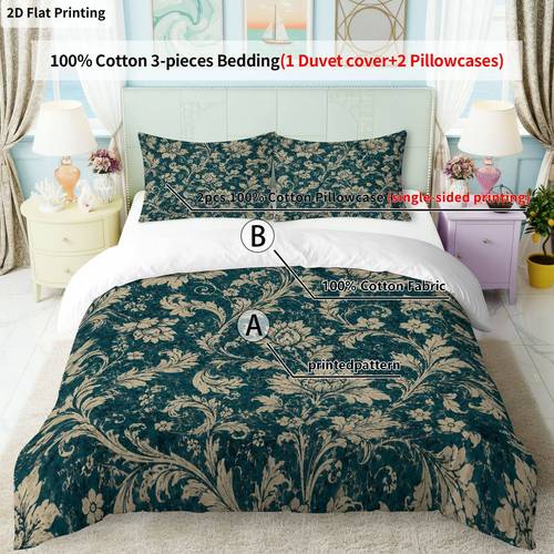 2d flat printing 3pcs all cotton digital printed duvet cover set 1pc duvet cover and 2pcs pillowcases without filler teal beige damask pattern 100 cotton