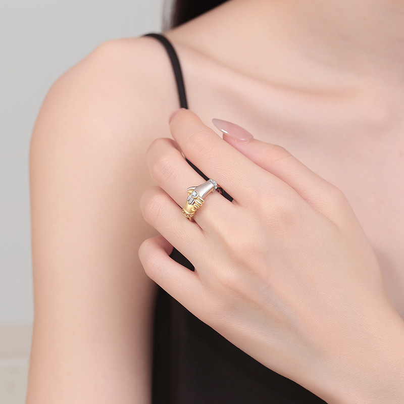 S925 Hand in Hand Couple Adjustable Ring, Love Symbol