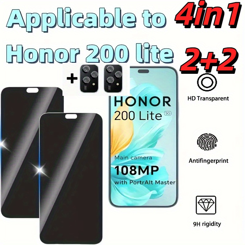 E-shop 2+2 Geeignet für Honor 200 Lite Privatsphäre-Schutzfolie, -Spionage-Schutzfolie, 2 -Spionage-Tempered-Glas-Folien + 2 Kameralinsenschutzfolien,