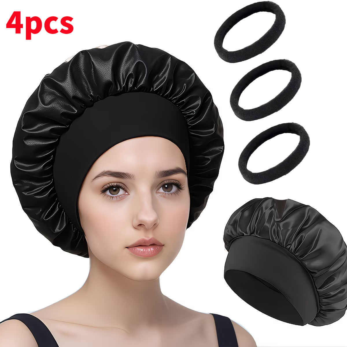 TEMU Ensemble de 4 pièces comprenant 1 bonnet de douche + 3 élastiques à cheveux - Bonnet de nuit élastique, et confortable, bonnet de soin
