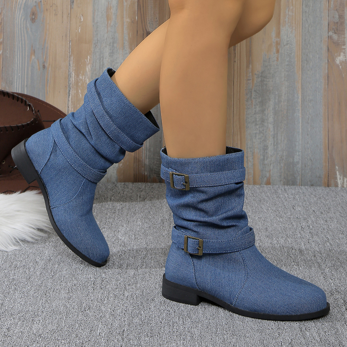 

Bottines à Enfiler pour Femmes - Denim Chic, Talon Bas, Bottes Courtes Polyvalentes avec Semelle en Caoutchouc