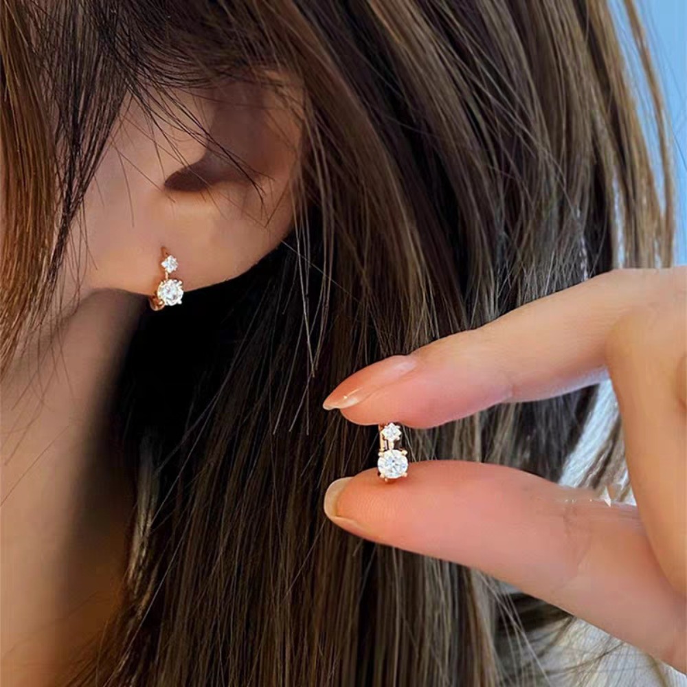 TEMU 1 Pair Of Light Luxury Round Synthetic Zirconia-like Mini Hoop Hoop Earrings For Women, Exquisite Vertical Double Stone Small Clip-on Earrings;