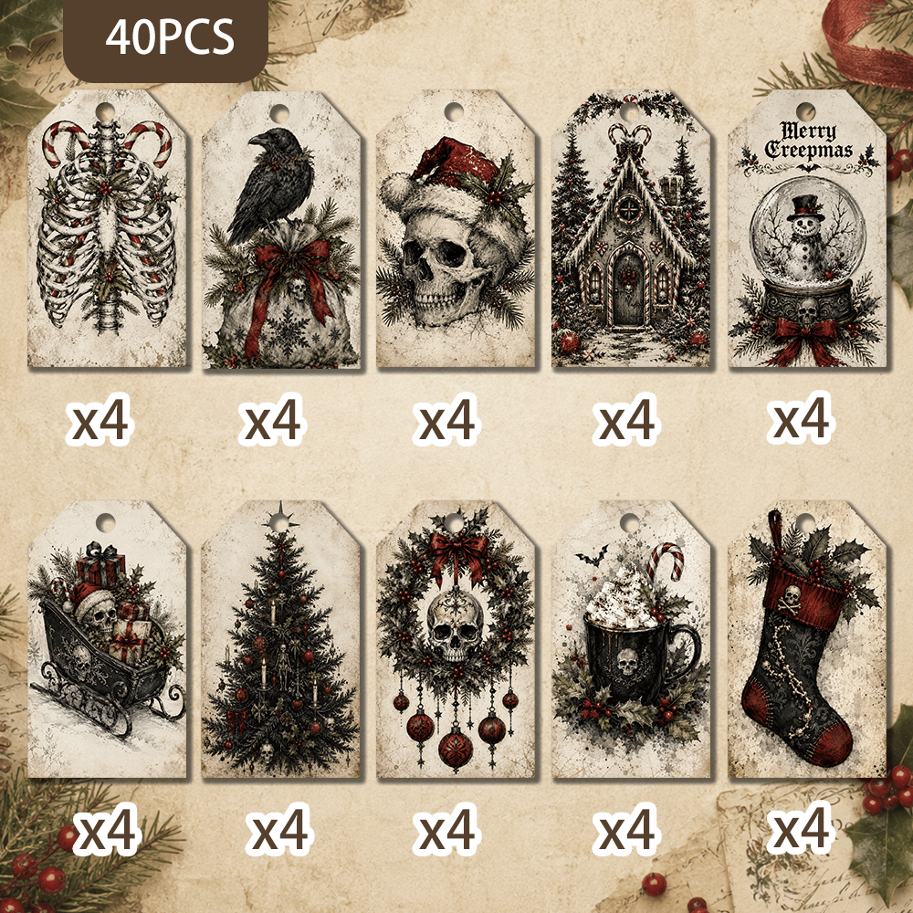 TEMU 40pcs Gothic Dark Christmas Hang Tags, 10 Styles Of Crow Haunted House Pattern Tags, Winter Favor Gift Labels, Christmas Tree Decoration Cards,