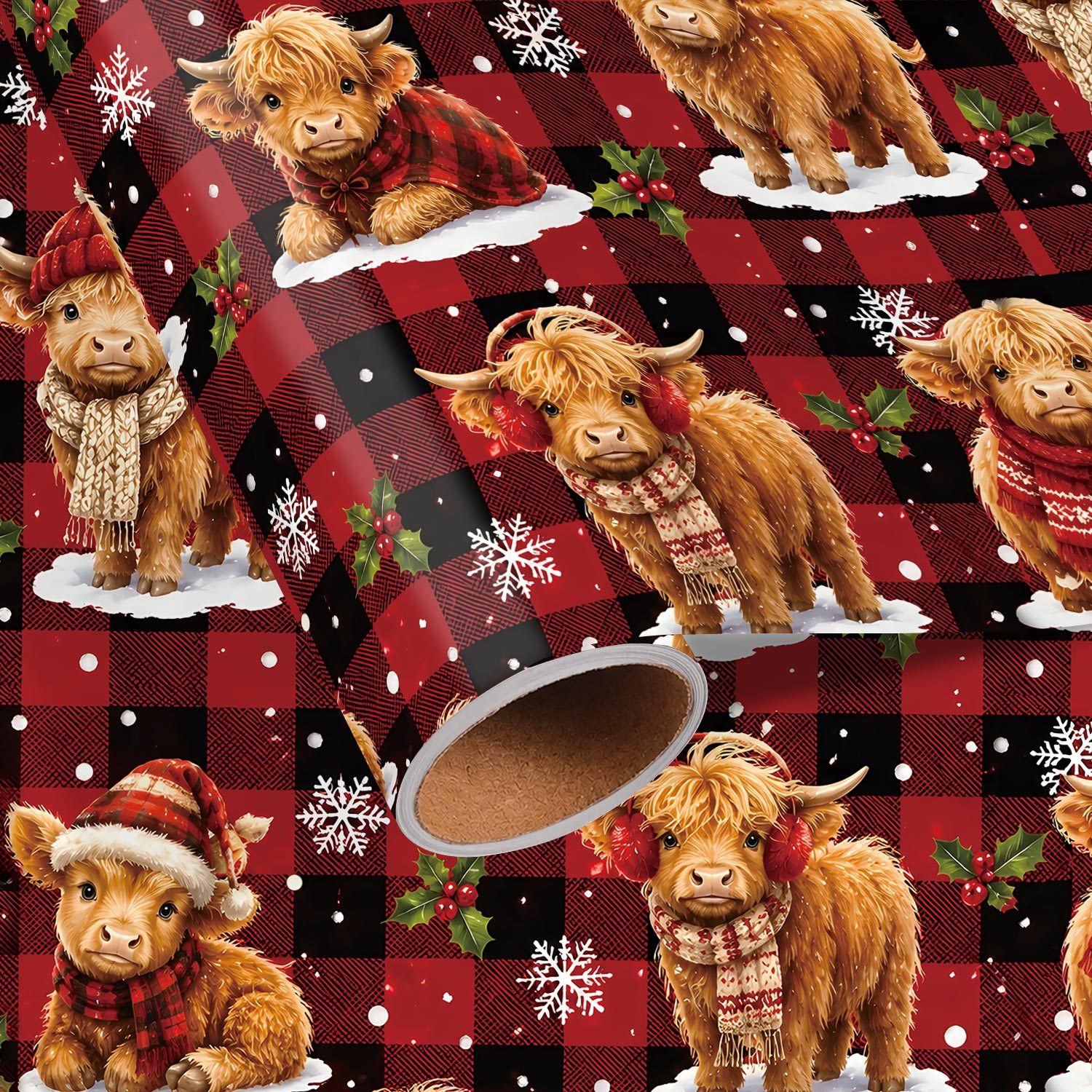 TEMU 1 Roll Christmas Highland Cow Wrapping Paper - Red And Black Checkered Xmas Pattern, Designs For Holiday - Measuring 45cm × 300cm (17.7in ×