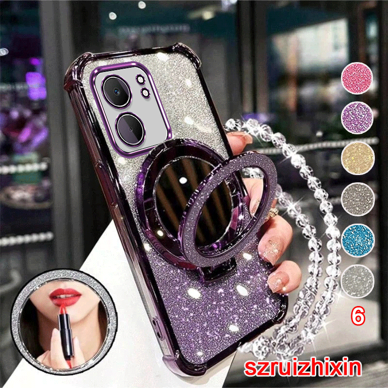 TEMU Phone Case - Luxury Makeup Mirror Stand Holder Phone Case For Oppo A5x In , Featuring A Shockproof And A Wrist Strap Lanyard
