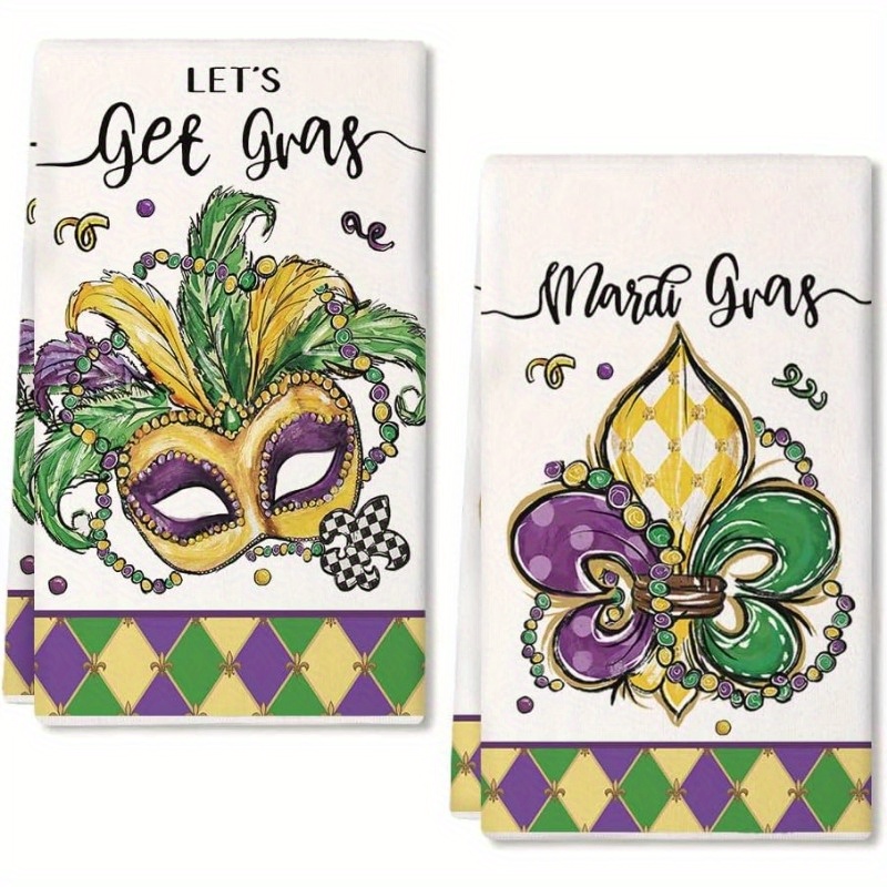 

2pcs 18*26 Inch Mardi Gras Kitchen Towels, Yellow Iris Beads Mask Dish Towels, Mardi Gras Kitchen Seasonal Decorations, Reusable