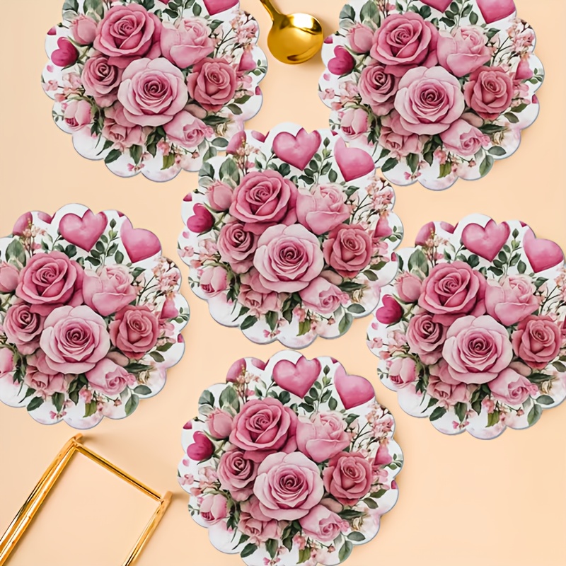 TEMU 2d Flat 6pcs Valentine's Day Wooden Coasters Set - Roses And Heart Patterns, Non-slip Heat-resistant Wood Coasters, Durable And Easy To Clean,