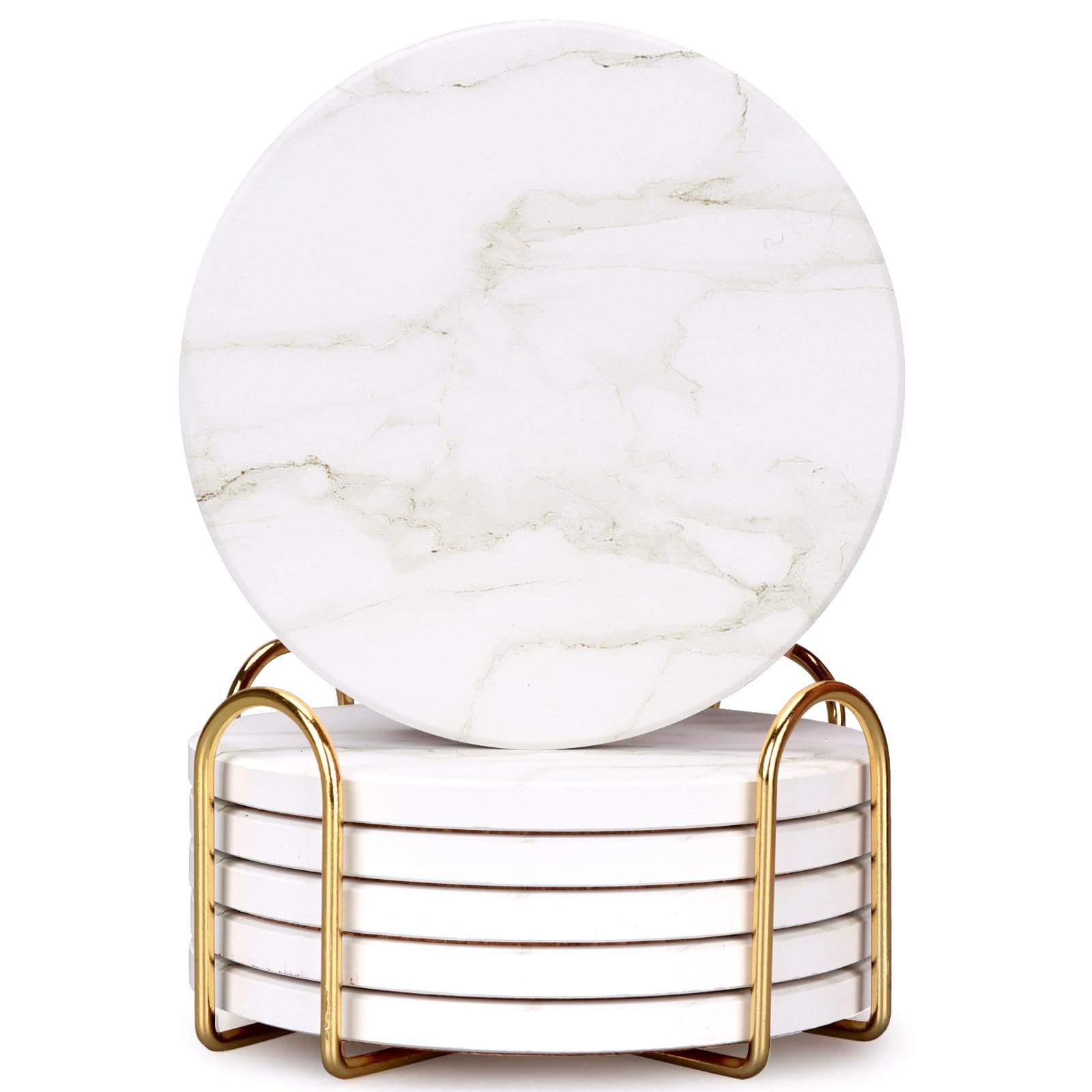 TEMU Coasters For Drinks 6pcs Set With Golden Metal Storage Holder, 10cm Absorbent Ceramic Round Drink Coasters With Non-slip Back, White Grey Marble