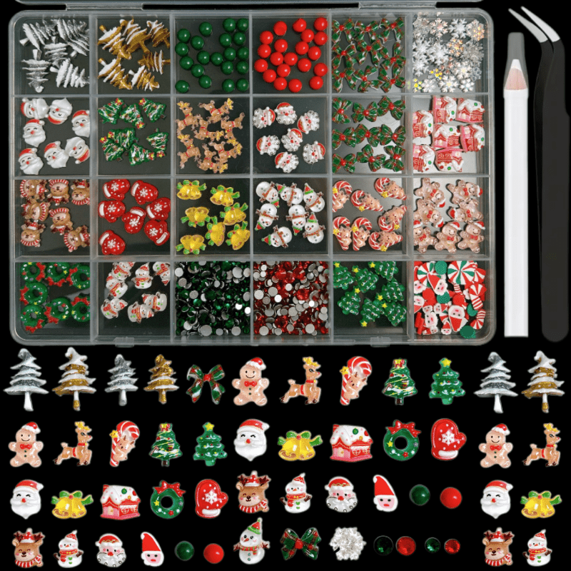 TEMU Nail Decorations For Christmas Featuring Santa, A Snowman, A Reindeer, A Tree, And A Bow In Red, Green, Golden, And White. Ideal For And Pedicures During