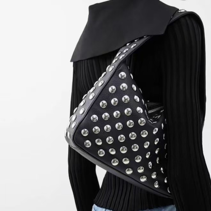 

Trendy Punk-style Rivet Shoulder Bag For Women - Black, Polka With Polyester & Zip Closure