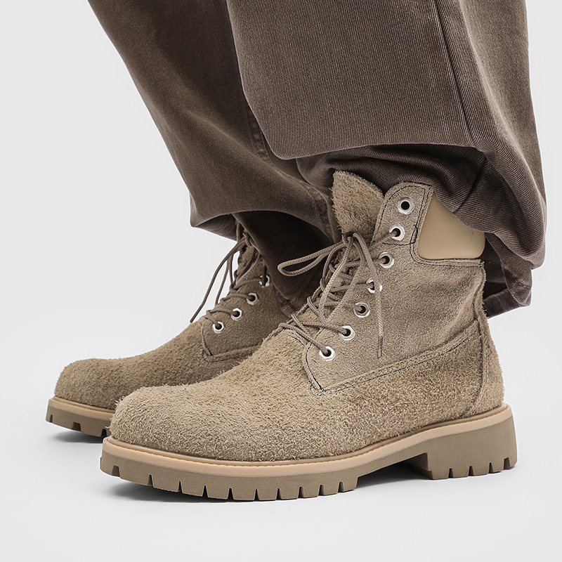 Men's Boots with Thick Sole for Height Increase, Work Boots, Outdoor Hiking Shoes, American High-Top Motorcycle Casual Shoes