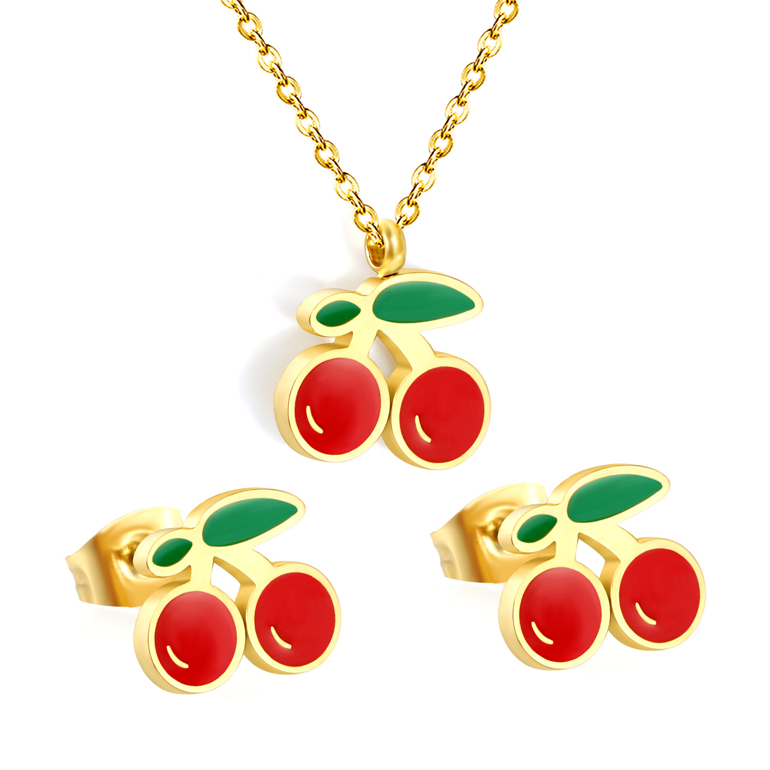 3pcs Stainless Steel Cherry Pendant Set