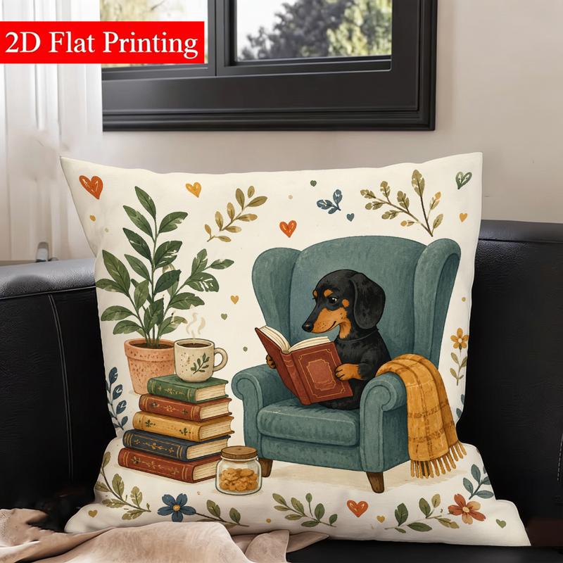 TEMU 2d Flat Printing Dachshund Reading Design, 1pc Double - Sided Pillow Cover, 17.7*17.7 Inches, Decor For Sofa Couch, Not Embroidered, No Insert