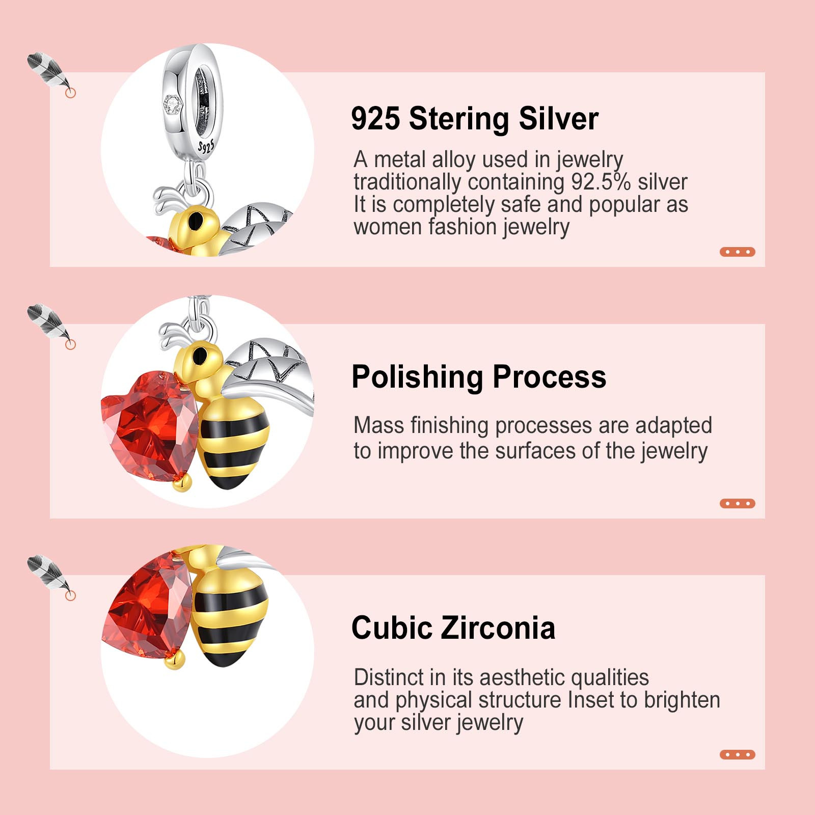 Women's S925 Sterling Silver Enamel Bee Red Heart Charm, DIY