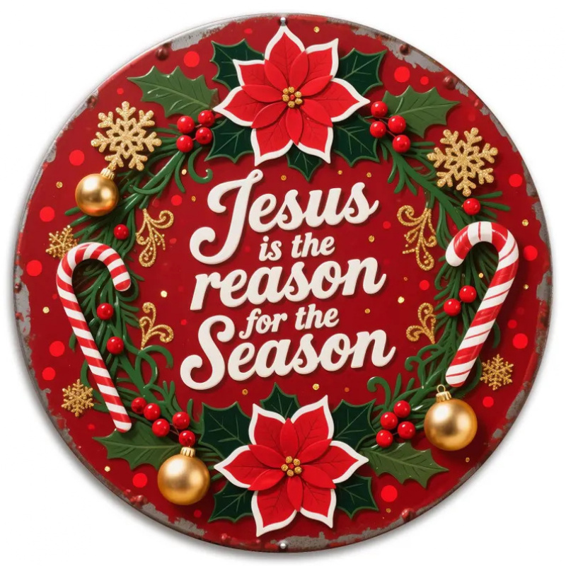 TEMU 2d Flat, 1pc Vintage Wooden Religious Christmas Ornament With 2d Flat Print - " For " Featuring Christmas Flowers And Candy Cane Design, Red And