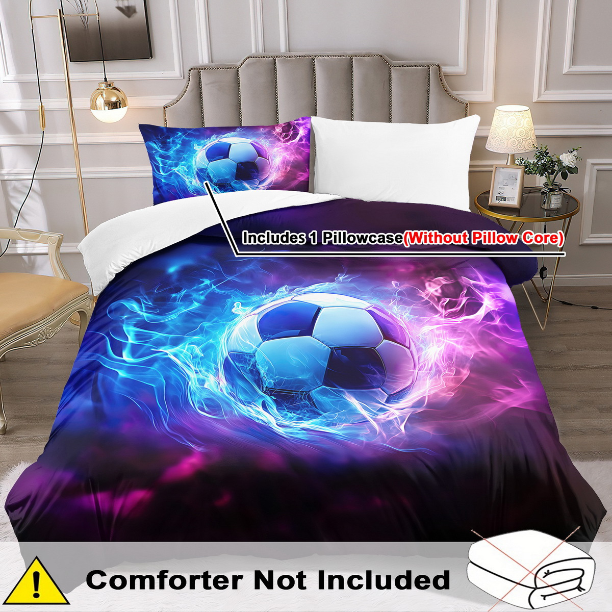 TEMU Ensemble de housse de couette sur le thème du football - 2/3 pièces, literie douce, confortable et respirante avec imprimé flamme néon, ensemble