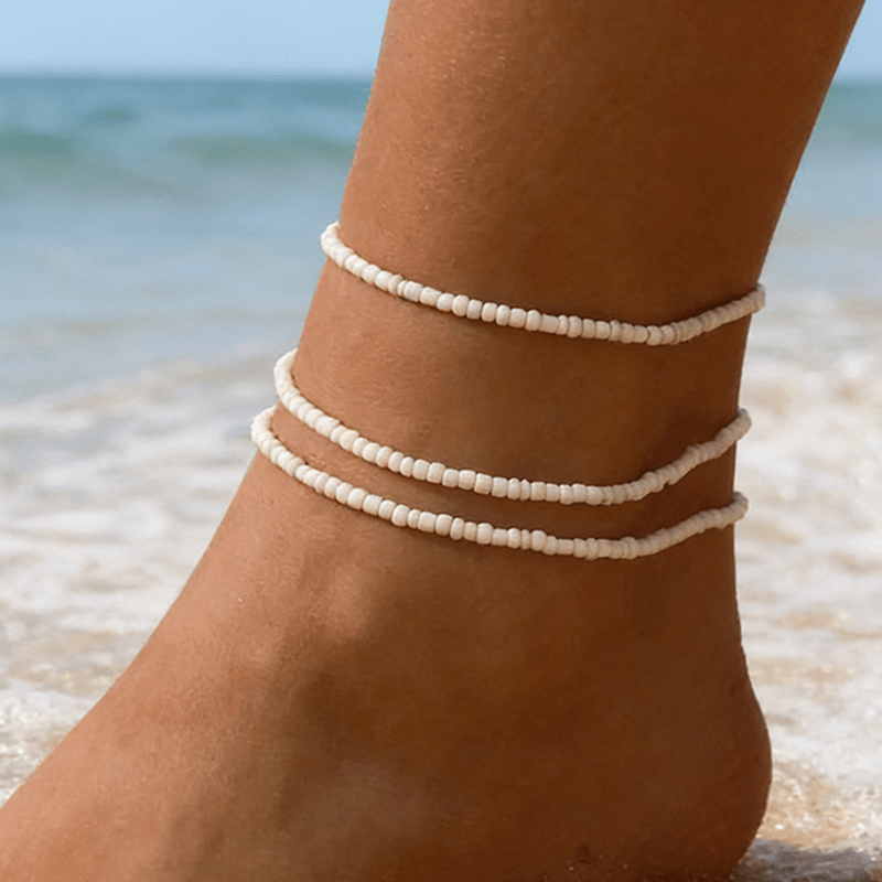 3pcss, Women's Anklet, Easy Versatile Bead Beaded Elastic Cord Anklet 3pcs Set, Glass Material, Suitable For Women's Beach Vacation Wear, Summer Anklet Rice Bead Anklet