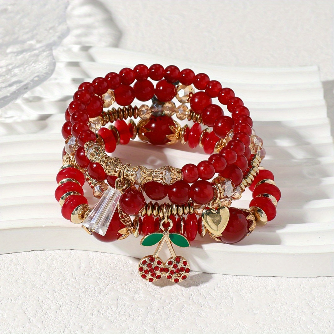 E-shop 4er-Pack modisches Vintage-Armband mit roten Strass-Kirschfrucht-Perlen für den täglichen Arbeitsweg Partys für Damen