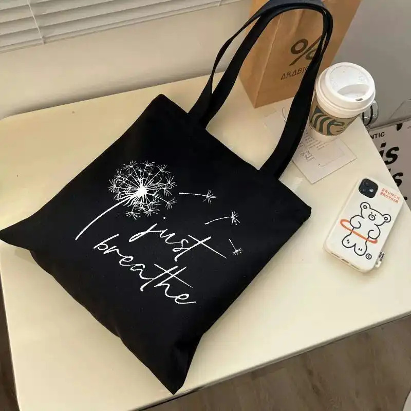TEMU 1pc Double-sided Printing Just Breathe Dandelion Design Reusable Shopping Bag - Premium Tote Bag, Monochrome Printing, Trendy Ladies Shopping