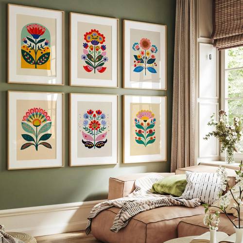 item picture 2d flat 2d flat set of 6 scandinavian floral wall paintings vintage swedish danish plant prints unframed horizontal canvas art colorful flowers tulips daisies suitable for living rooms and more