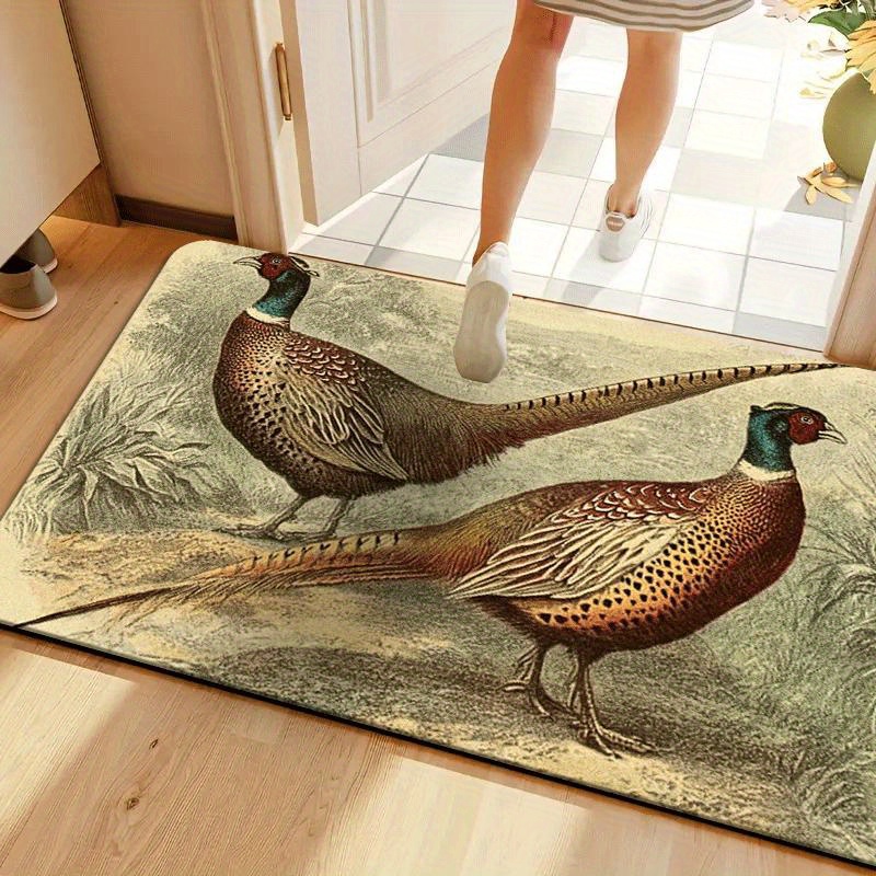 TEMU 1pc Vintage Pheasant Floor Mat Suitable For Indoor/outdoor Use - Rustic Hunting Decor With Male & Female Pheasant Design, Machine-washable