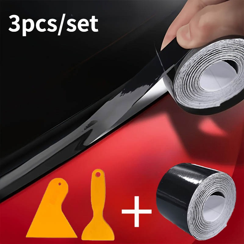 TEMU 3pcs Of Carbon Fiber Car Stickers, Available In And Matte Black, Designed For Door And Rearview Mirror Protection Strips. Suitable For The Whole