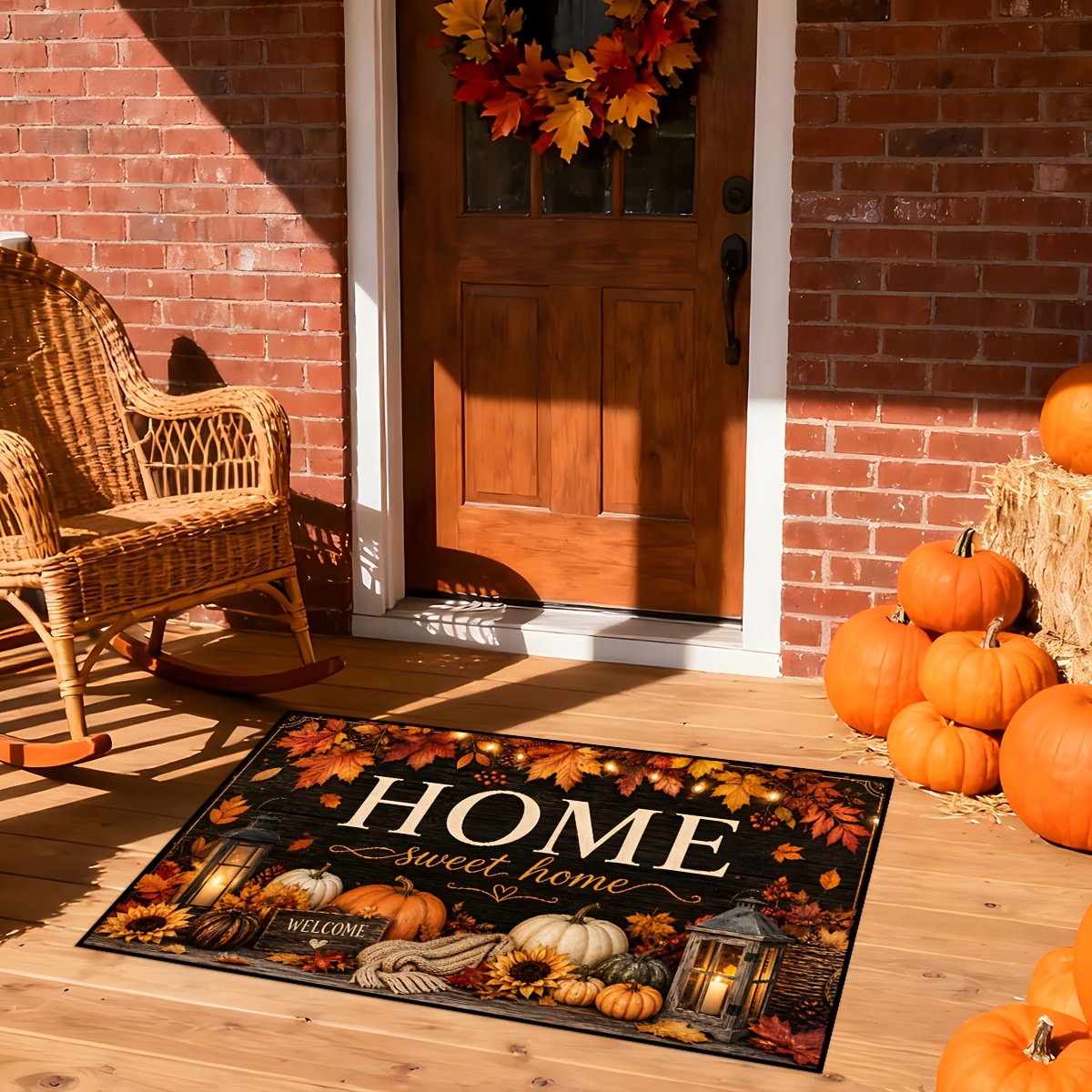 item picture 2d flat 1pc   autumn doormat black background wood grain   pumpkin sunflower lantern pattern high definition   entrance wear resistant decorative mat