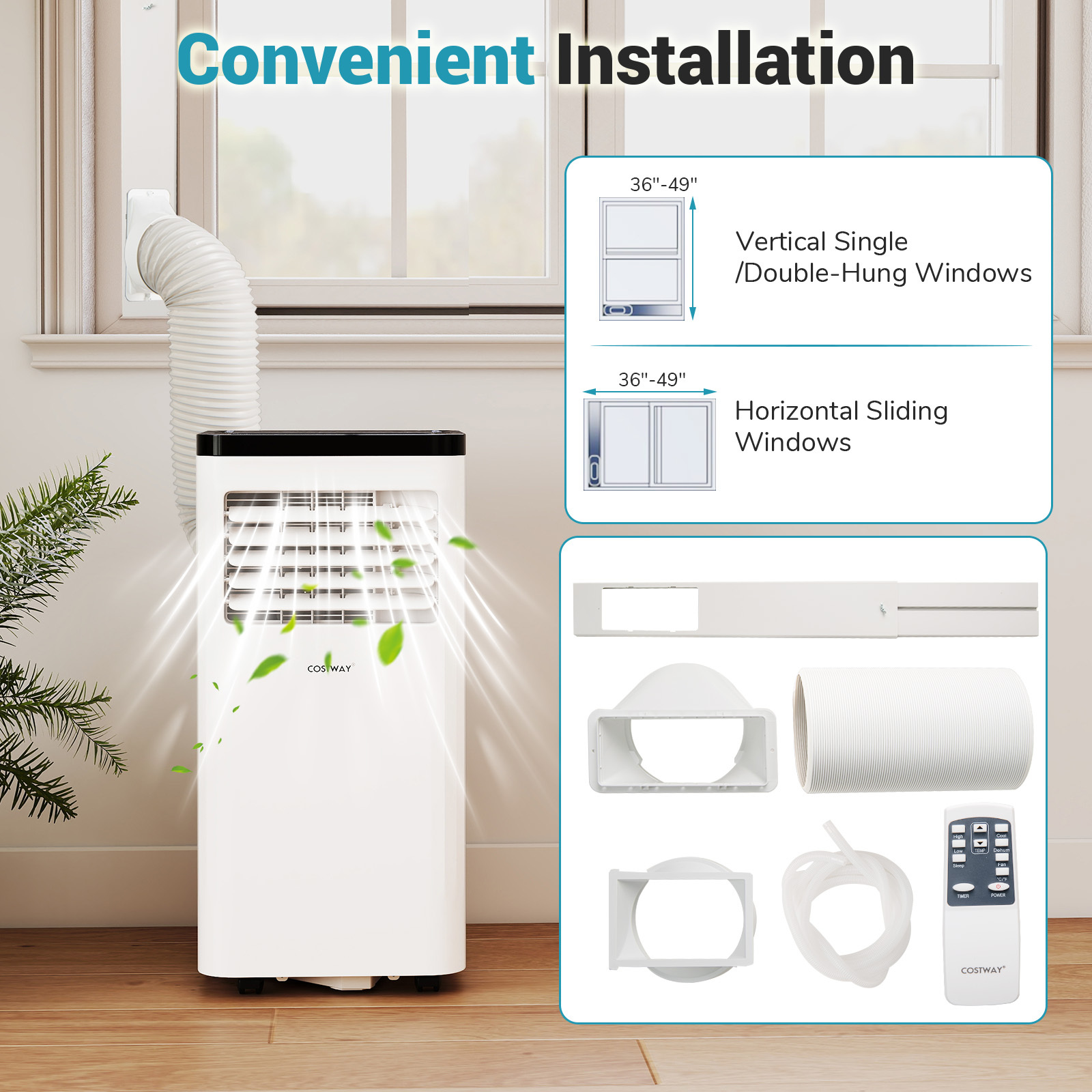 8000 btu portable air conditioner 3 in 1 freestanding cooling ac unit with fan and dehumidifier remote control 24h timer mode and window kit   rooms up to 350 sq ft