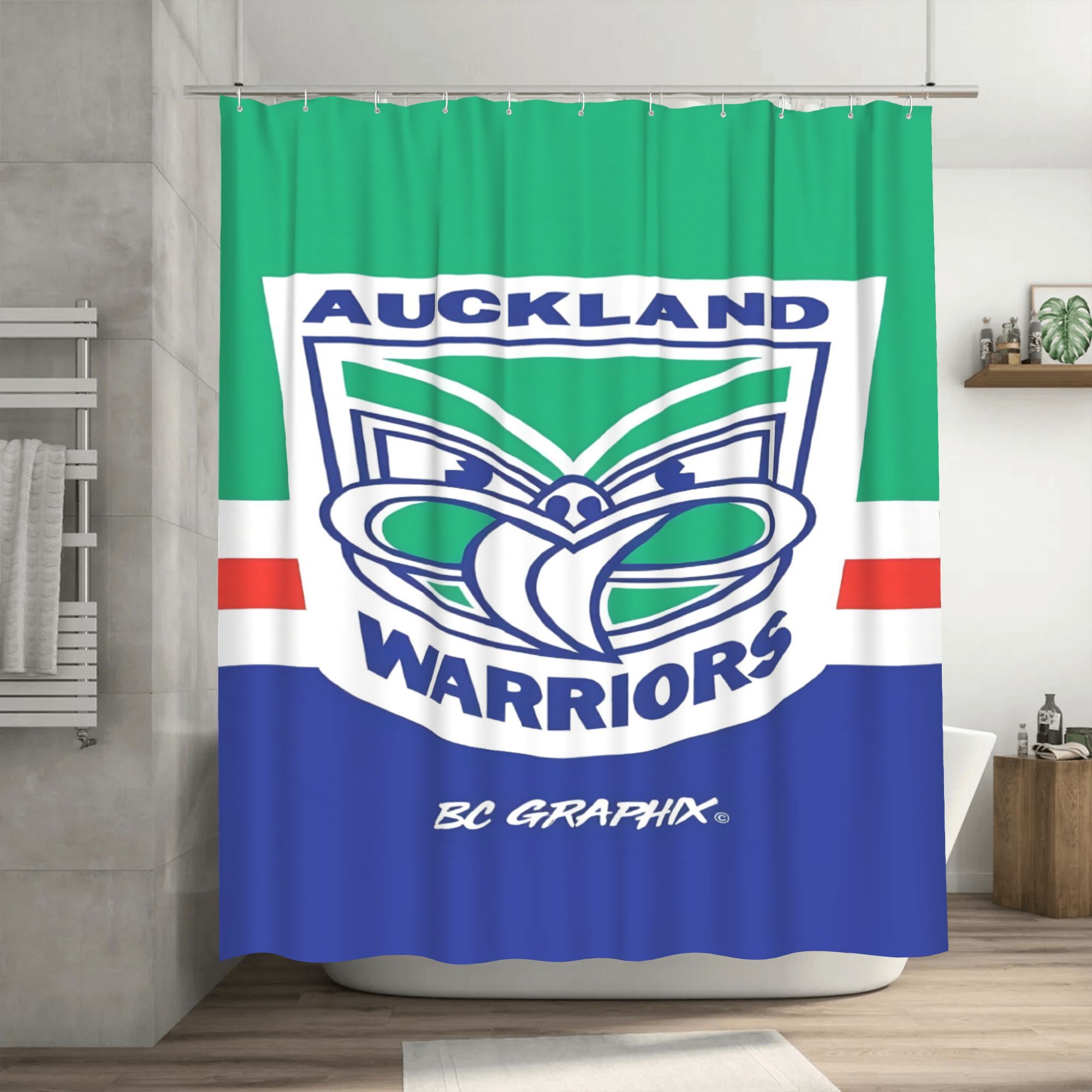 a   of the   warriors   symbol of new zealand breakers is   in this stylish and functional shower curtain with hooks this removable bathroom curtain   of durable polyester a bathroom decoration and bathroom accessories
