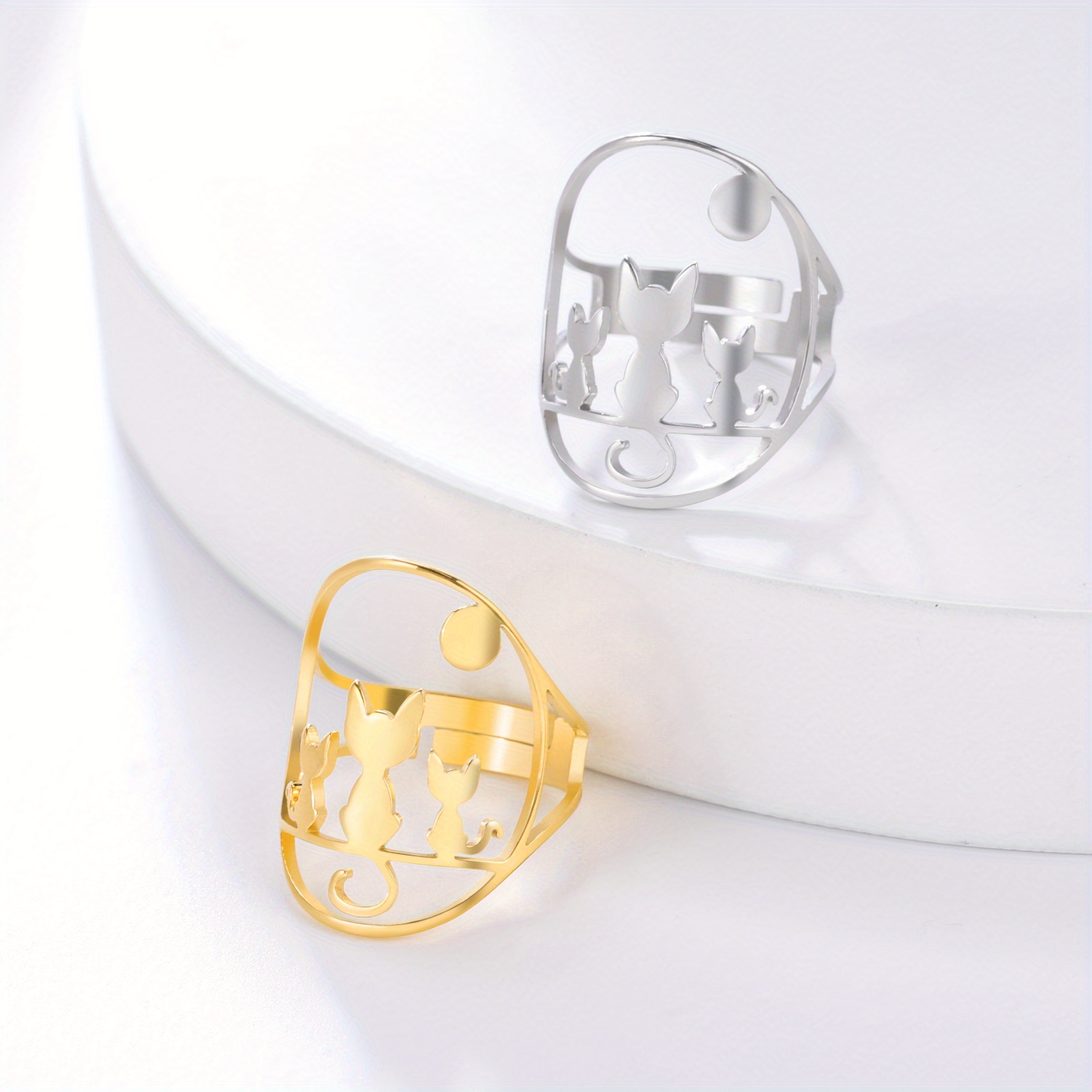 Men's Cute Animal Jewelry, Hollow Three Cats Open Ring
