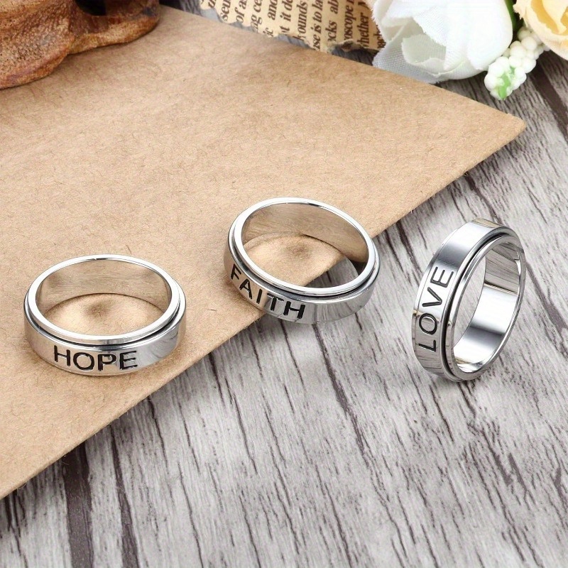 3pcs stainless steel fidget spinner rings set for women men fidget band cool rings 6mm wide love faith   inspirational wedding pormise band ring set Product details 3
