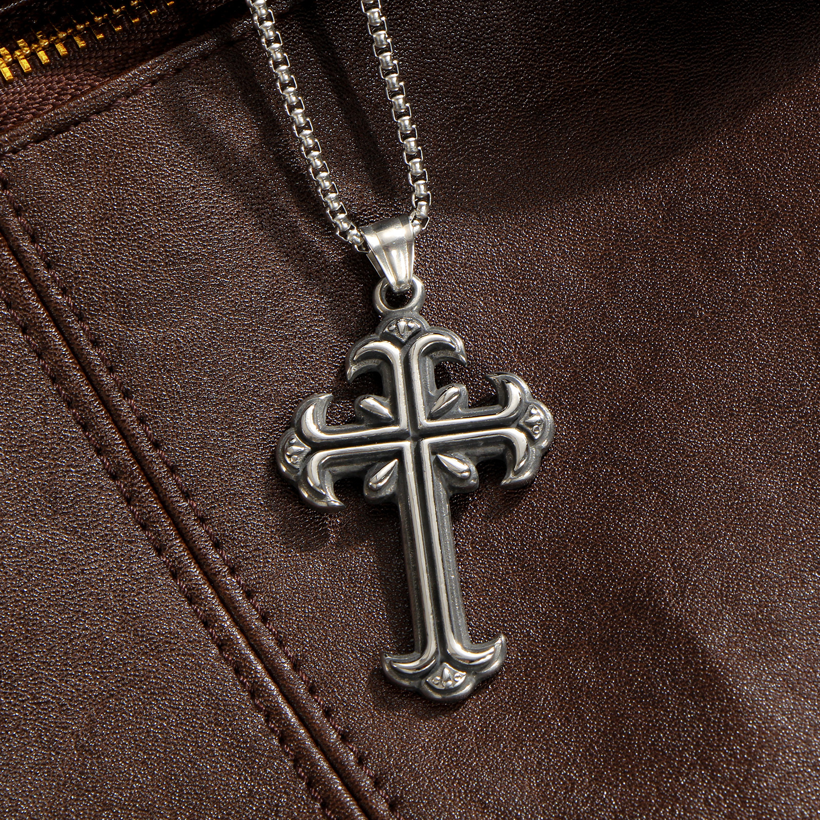 Image of Vintage Ornate Cross Pendant Necklace Men 304l Stainless Steel Silvery Gothic Religious Necklace Fashion Accessory Gift