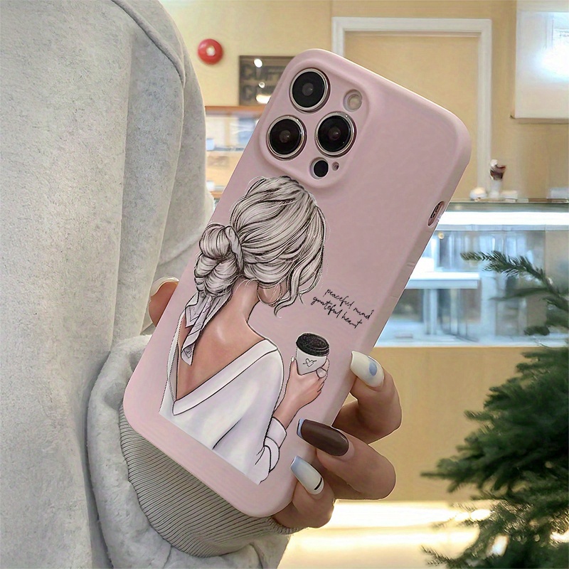 TEMU Phone Case - The Product Is A 2d Image, Not A 3d Image. Pink Coffee Girl Tpu Anti-drop Full Coverage Precise Protection Case Suitable For Iphone