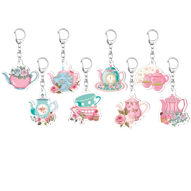 TEMU 8pcs Tea Party Gift Keychain Set For Her/him, Loose Floral Vintage Teapot Keychain, Suitable For Spring/ , Birthday Gift Ornament Halloween