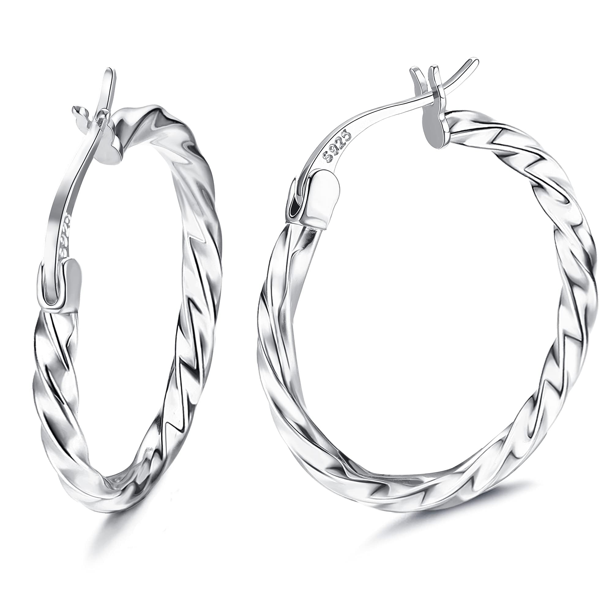Image of 925 Sterling Silver Hoop Earrings For Women Twisted Hoop Earrings Hypoallergenic Lightweight Click-top Big Hoop Earrings 13/15/20/25/30/40/50/60mm