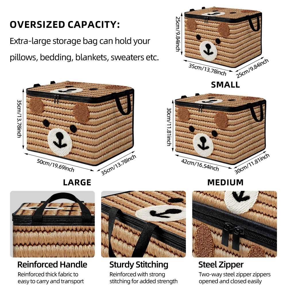 Cute Brown Bear Face Storage Box with Zippered Lid