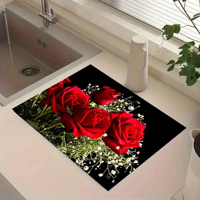 TEMU Single-piece Rose Pattern Coffee Machine Drain Mat, Stylish And Drain Tray Mat, Diatomite Kitchen Countertop Drain Mat, Heat-resistant Drying