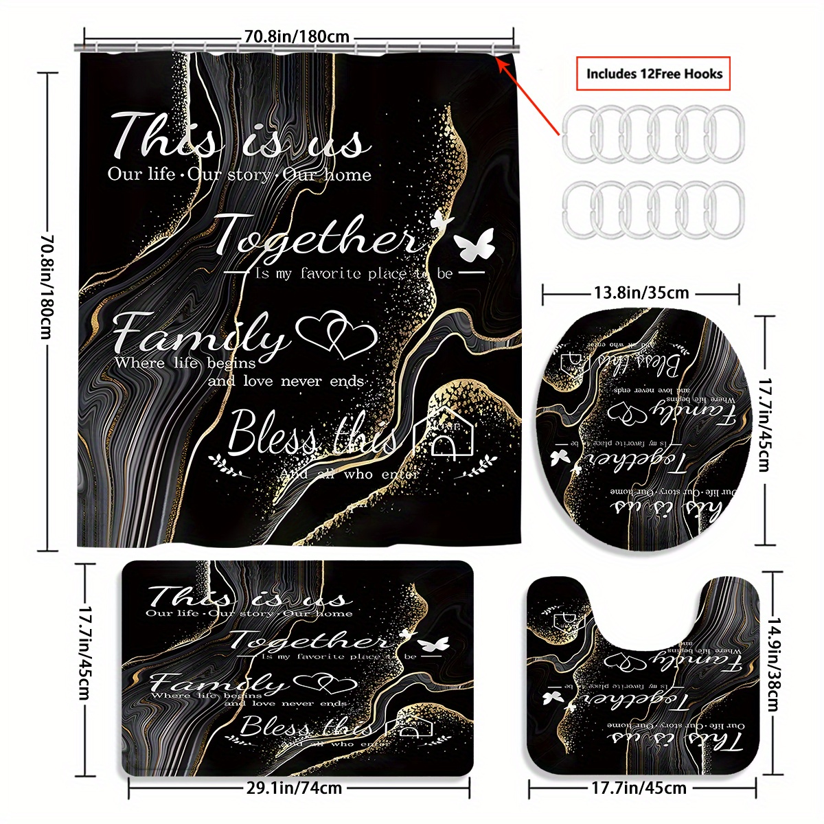 4pcs Ink-Golden Warm Words Family Pattern Bath Curtain Set, Waterproof Bath Curtain for Bathtub Partition, Waterproof Bathroom Partition Curtain with 12 Hooks, Non-slip Bath Mat, Toilet U-shaped Mat, Toilet Lid Cover Mat, Decorative Bathroom Set