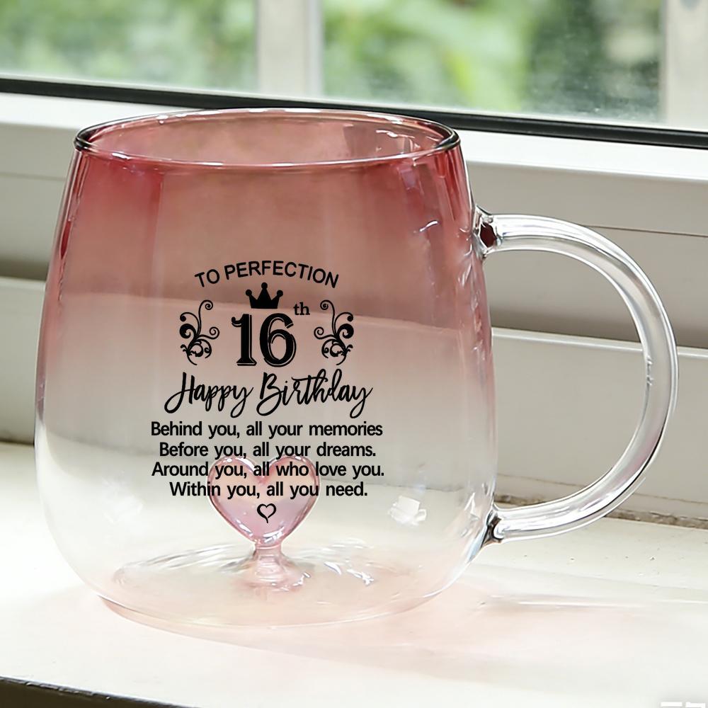 TEMU 16th Birthday / Mug - Crown & Heart Glass Coffee Cup With Elegant Black Script & Scrollwork - 16-year-old Tea/ Cup For Sweet 16 Gift, Hand Wash