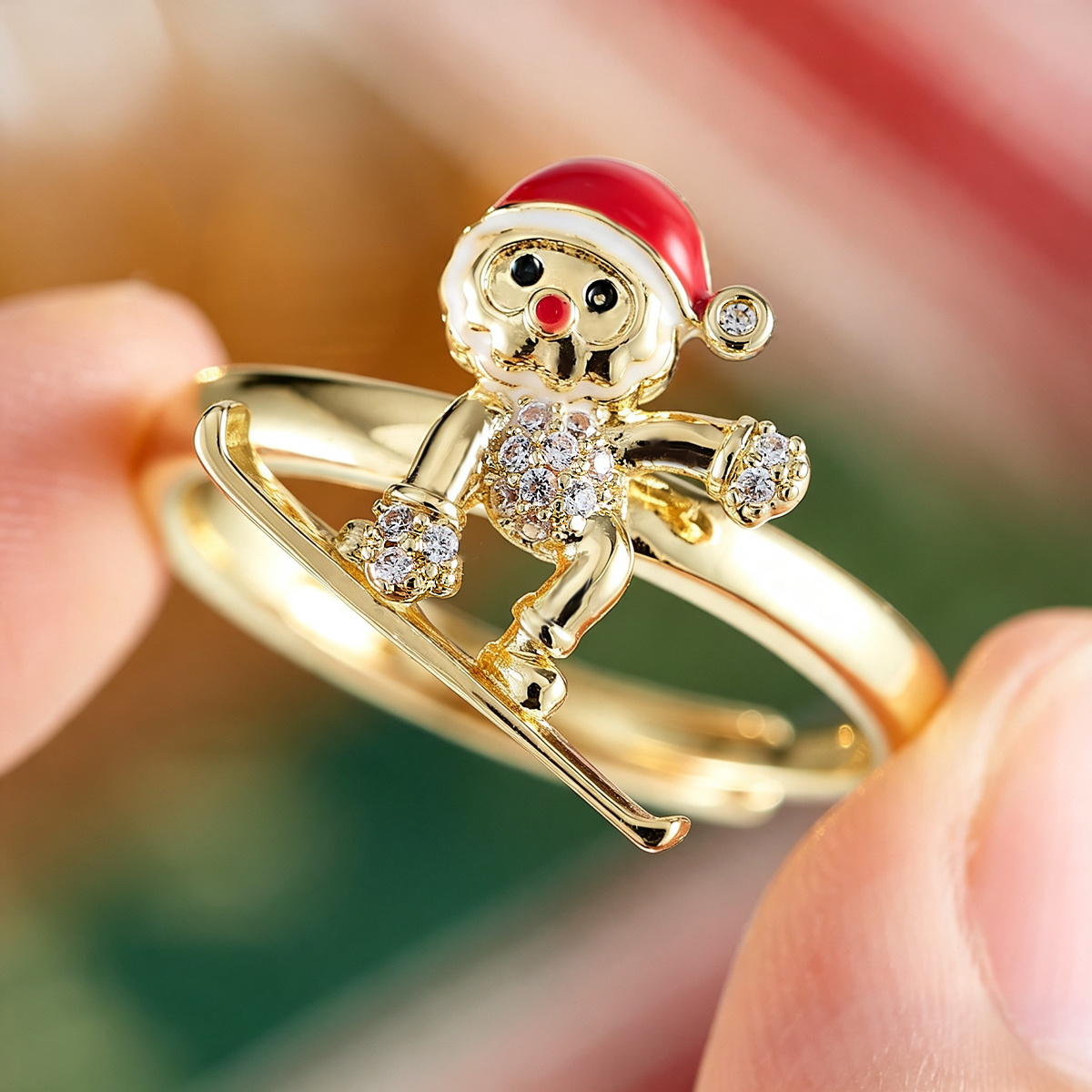 Women's Ski Santa Claus Open Ring with Zirconia