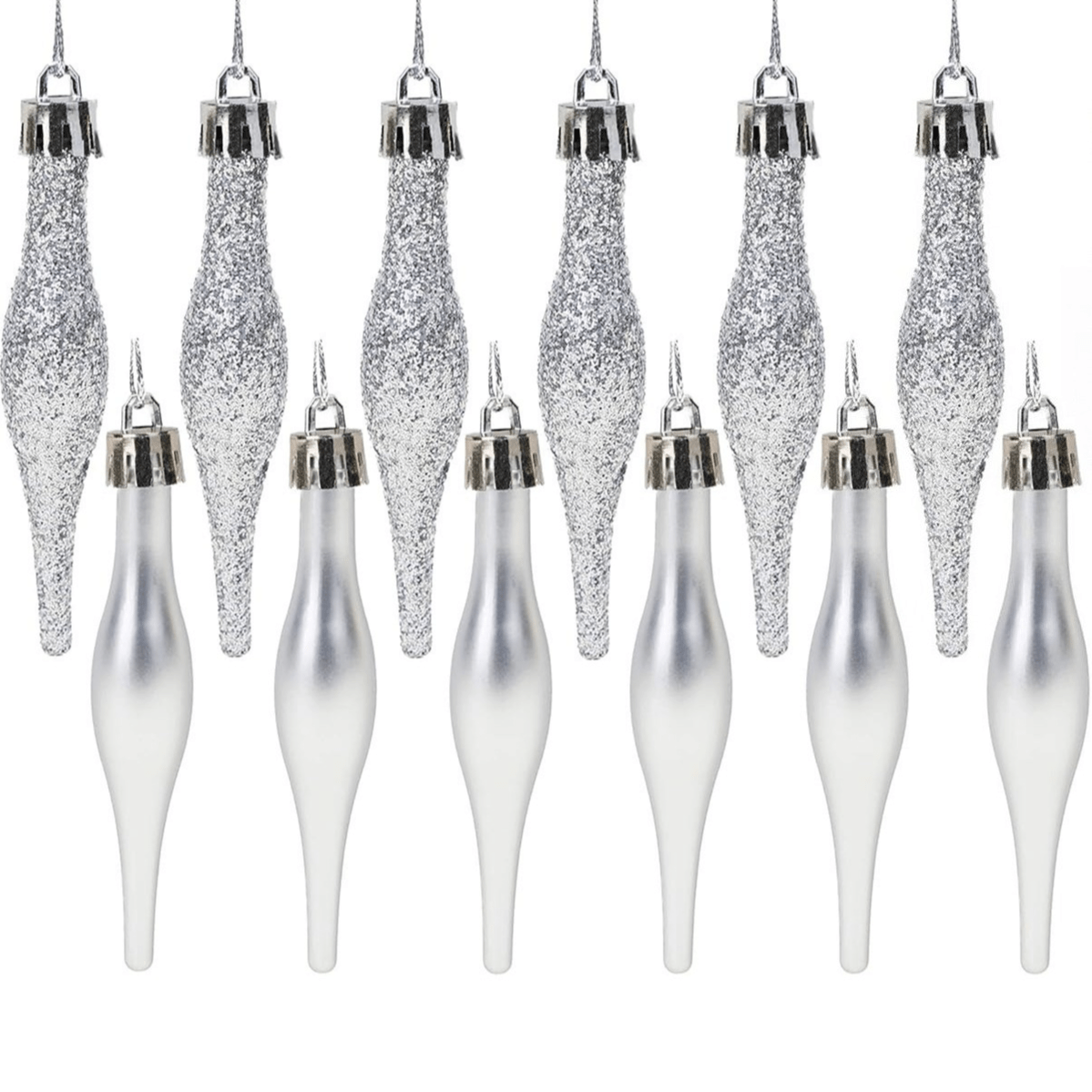 TEMU 12pcs, 8.5cm (3.35 Inches) Water Drop Balls - Matte Glitter Design - Christmas Decorations (silvery) (random Hanging Cap )