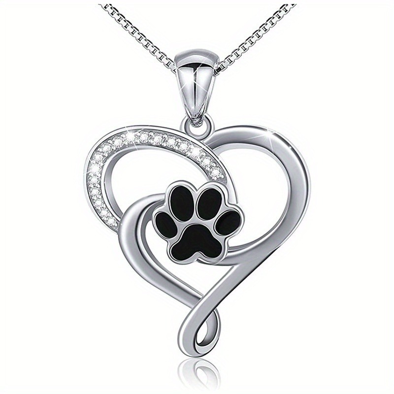 Image of Adorable And Black Enamel Inlaid Zirconia Heart Necklace Featuring A Paw Print, Perfect For Women For Parties, Everyday Wear, And Casual As A Jewelry Gift