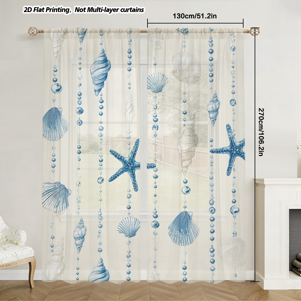 TEMU 2d Flat, 2pcs 2d Flat Blue Seashell Bead Strings Pattern Sheer Curtains, Lightweight Translucent Window Drapes For Living Room Bedroom Balcony,