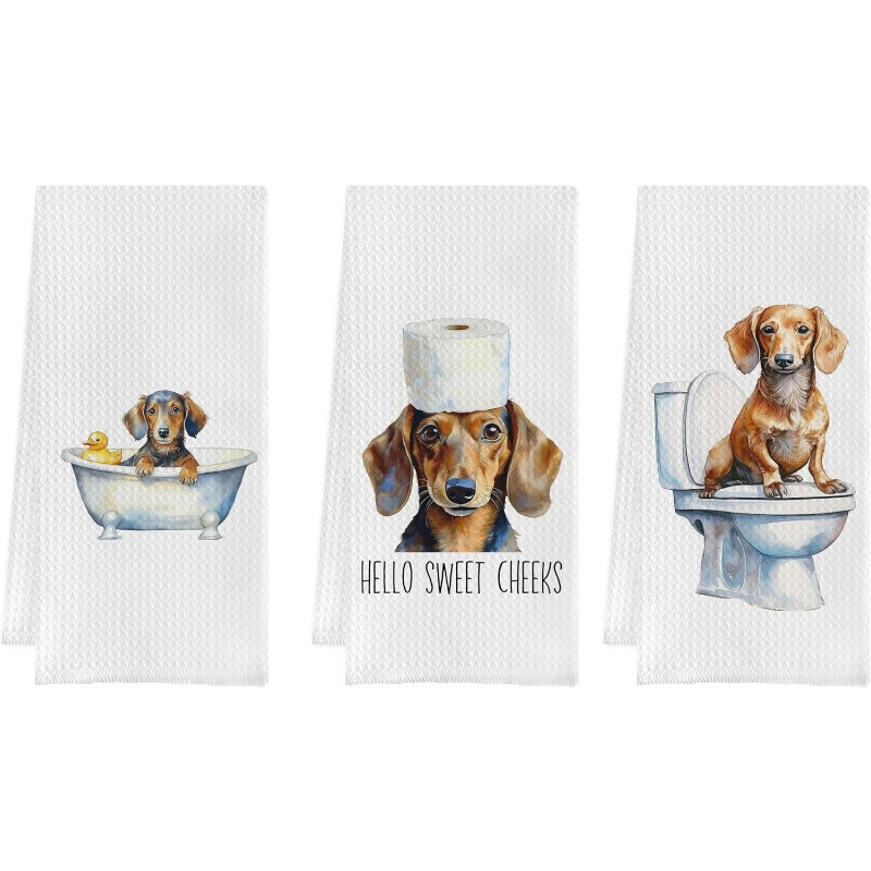 TEMU 3pcs Dachshund Kitchen Towels - 18x26 Inch, Cartoon , Perfect Gift For , Machine Washable Polyester, Kitchen Towel, Funny