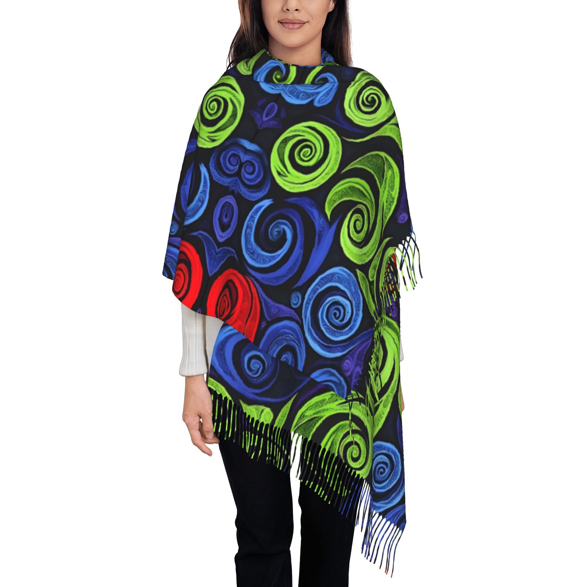 TEMU Unisex Retro Paua Print Koru Fringed Scarf Shawl - Warm New Zealand Cultural Accessory Suitable For Cycling, Birthdays, Christmas & New Year