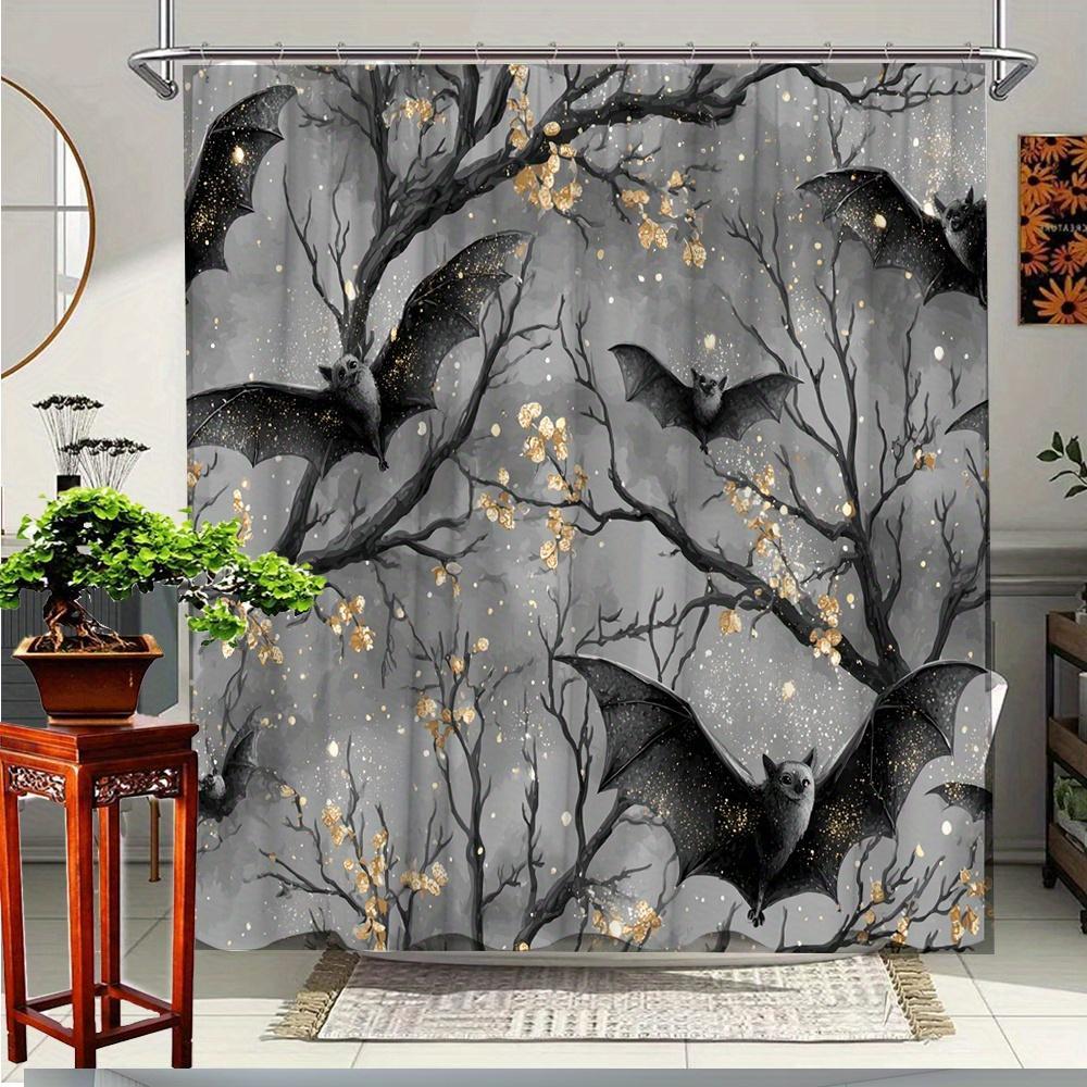 1 Halloween-themed Shower Curtain Featuring Black Bats On Branches, Measuring By Inches, Made Of Polyester Fabric And Includes 12 Hooks. Ideal For Decorating Bathrooms And Bathtubs For Halloween